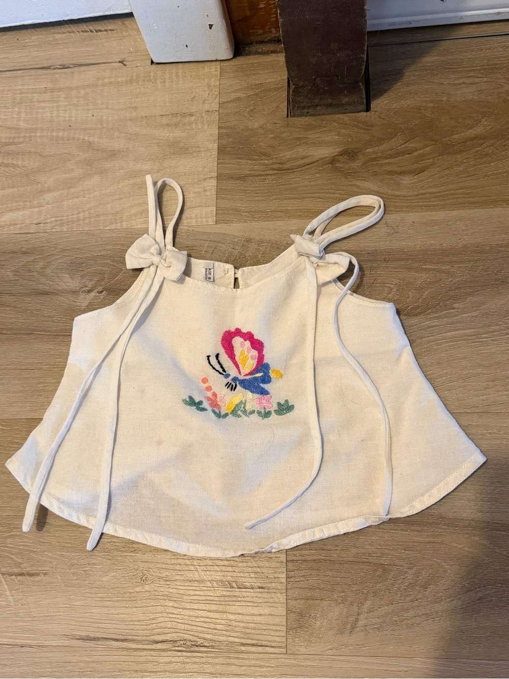 Girls Cream Butterfly Embroidered  Tank Top